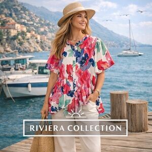 🌺 Cable & Gauge Floral Blouse XS | Pleated | NWOT | Vibrant Pink Blue